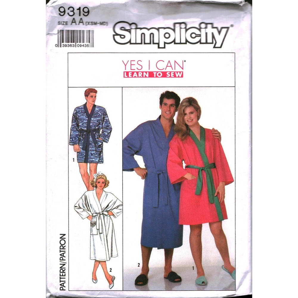 Simplicity 9319 Kimono Robe Sewing Pattern Mens Misses Teens Size AA XS 1989
